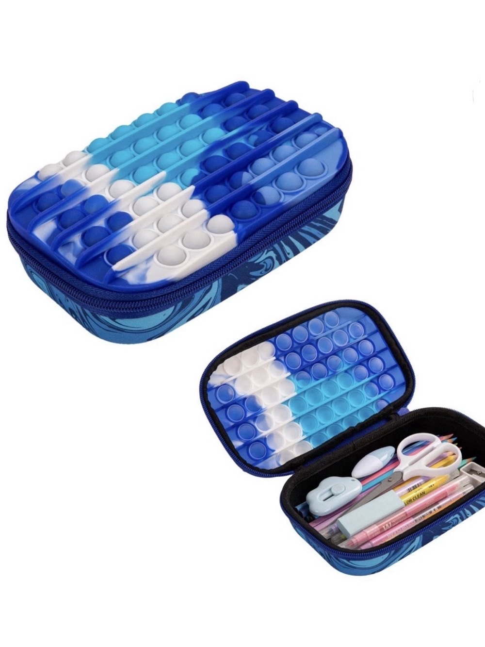 Blue & White Kids Pop-It Pencil Case - Compact Zipper Pouch